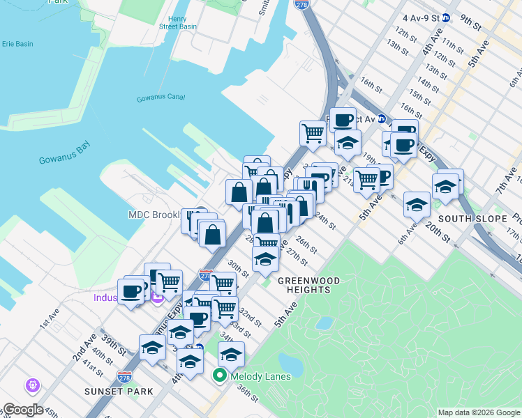 map of restaurants, bars, coffee shops, grocery stores, and more near 3rd Avenue & 26th Street in Brooklyn