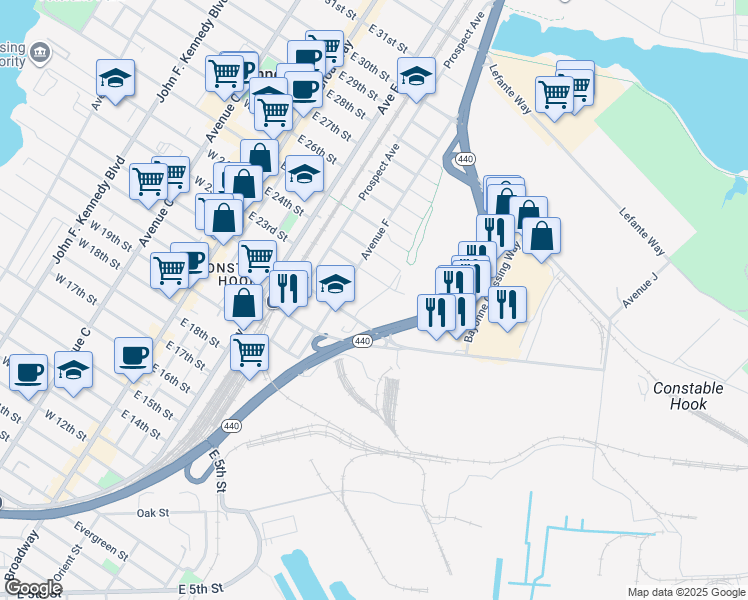 map of restaurants, bars, coffee shops, grocery stores, and more near 100 Avenida G in Bayonne