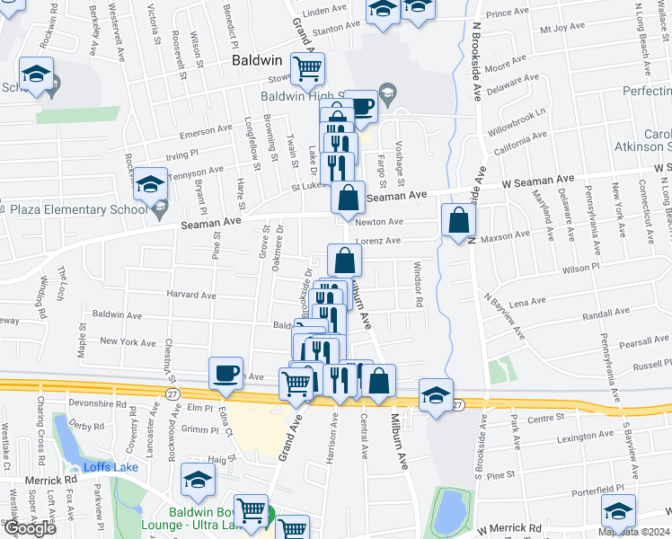 map of restaurants, bars, coffee shops, grocery stores, and more near 2014-2016 Grand Avenue in Baldwin