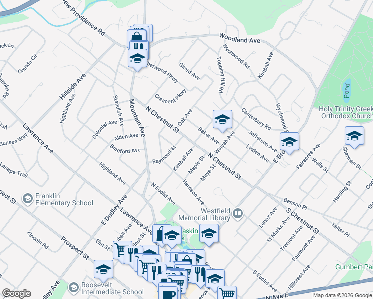 map of restaurants, bars, coffee shops, grocery stores, and more near 641 Maple Street in Westfield