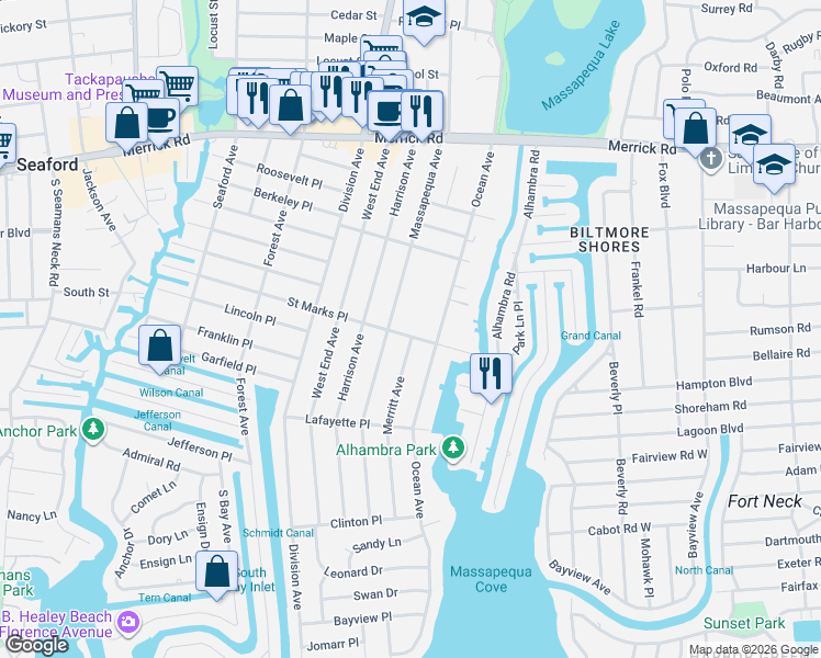 map of restaurants, bars, coffee shops, grocery stores, and more near 88 Merritt Avenue in Massapequa