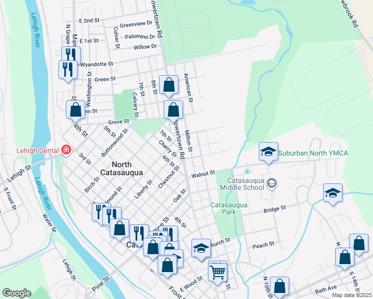 map of restaurants, bars, coffee shops, grocery stores, and more near 1049 Howertown Road in Catasauqua