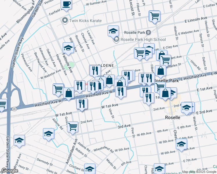 map of restaurants, bars, coffee shops, grocery stores, and more near 231 Westfield Avenue West in Roselle Park