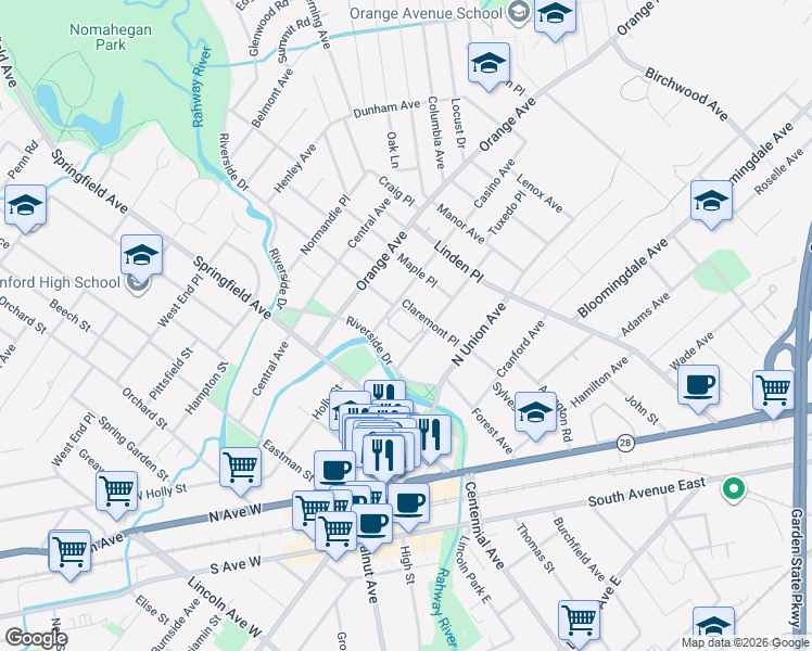 map of restaurants, bars, coffee shops, grocery stores, and more near 217 Prospect Avenue in Cranford