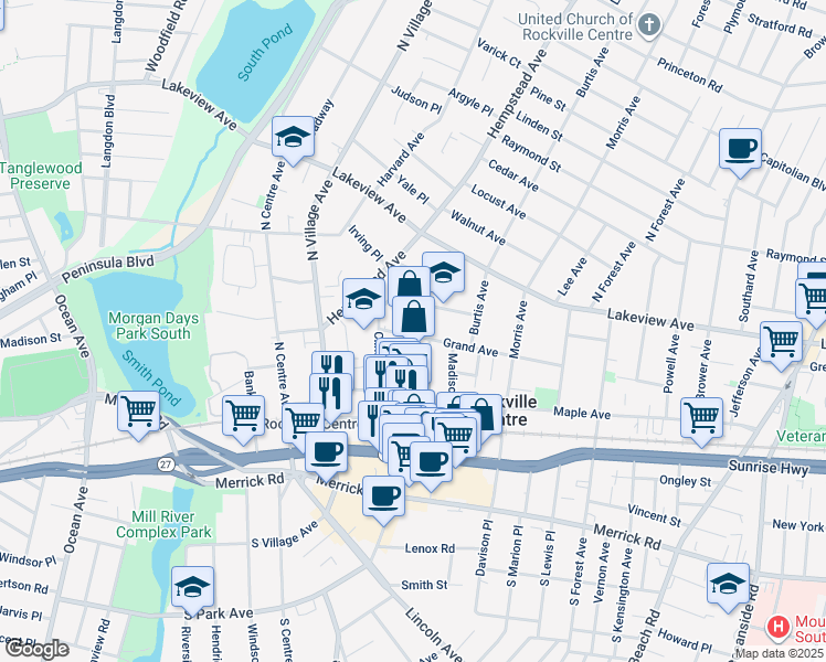 map of restaurants, bars, coffee shops, grocery stores, and more near 41 Saint Marks Avenue in Rockville Centre
