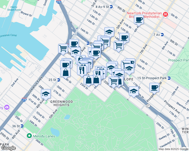 map of restaurants, bars, coffee shops, grocery stores, and more near 283 21st Street in Brooklyn