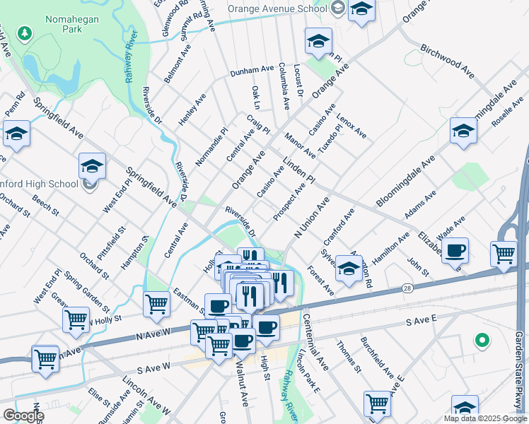 map of restaurants, bars, coffee shops, grocery stores, and more near 217 Prospect Avenue in Cranford