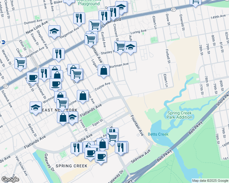 map of restaurants, bars, coffee shops, grocery stores, and more near 800 Fountain Avenue in Brooklyn