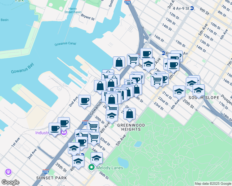 map of restaurants, bars, coffee shops, grocery stores, and more near 170 26th Street in Brooklyn