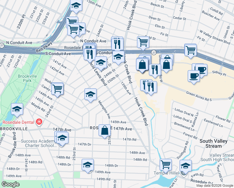map of restaurants, bars, coffee shops, grocery stores, and more near 139-37 253rd Street in Queens