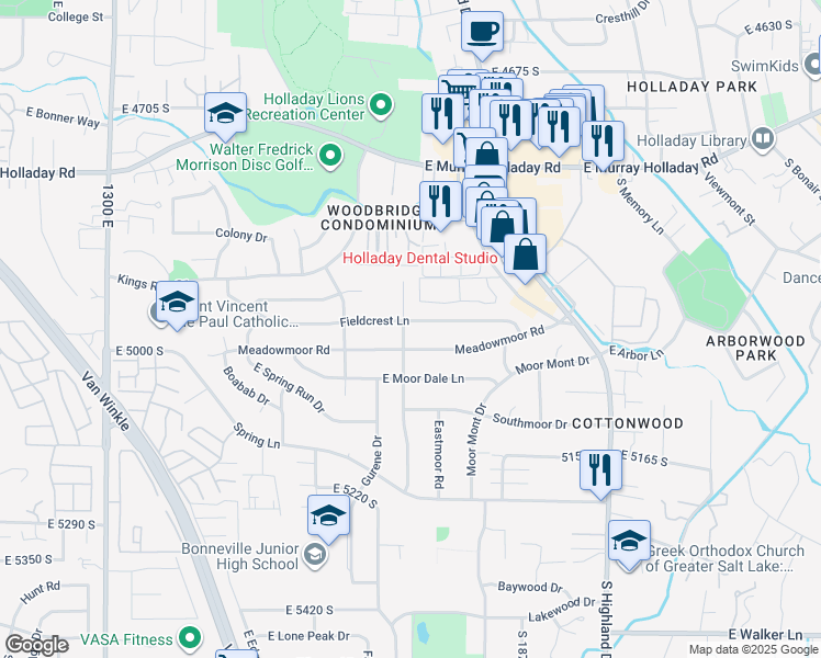 map of restaurants, bars, coffee shops, grocery stores, and more near 4971 Westmoor Road in Holladay