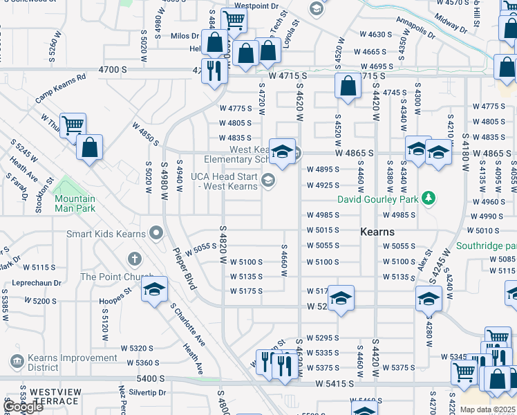 map of restaurants, bars, coffee shops, grocery stores, and more near 4970 South 4720 West in Salt Lake City
