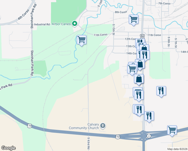map of restaurants, bars, coffee shops, grocery stores, and more near 182 South 63rd Road in Nebraska City