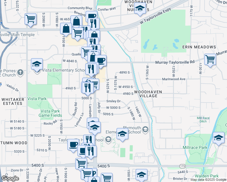 map of restaurants, bars, coffee shops, grocery stores, and more near 1590 4980 South in Taylorsville