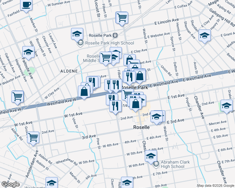 map of restaurants, bars, coffee shops, grocery stores, and more near 200 West 1st Avenue in Roselle