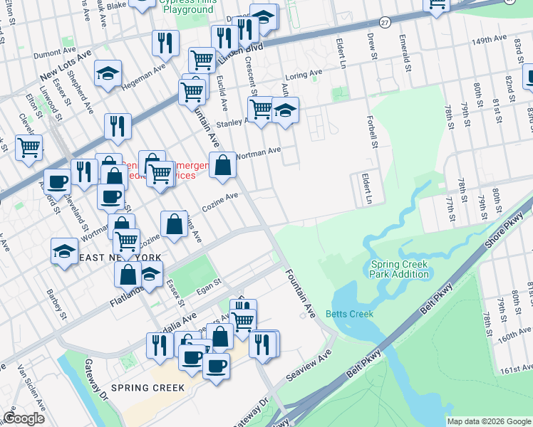 map of restaurants, bars, coffee shops, grocery stores, and more near 800 Fountain Avenue in Brooklyn