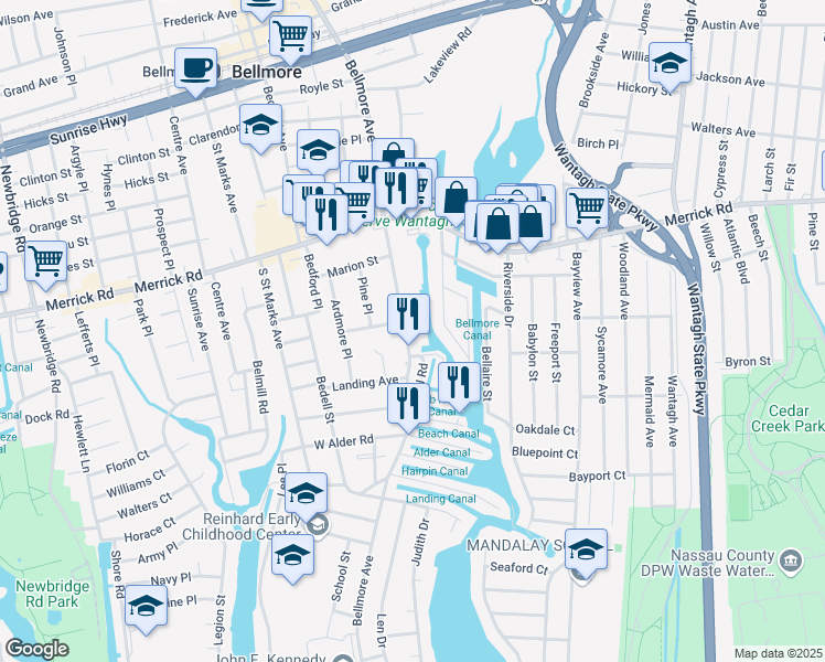 map of restaurants, bars, coffee shops, grocery stores, and more near 2565 Bellmore Avenue in Bellmore