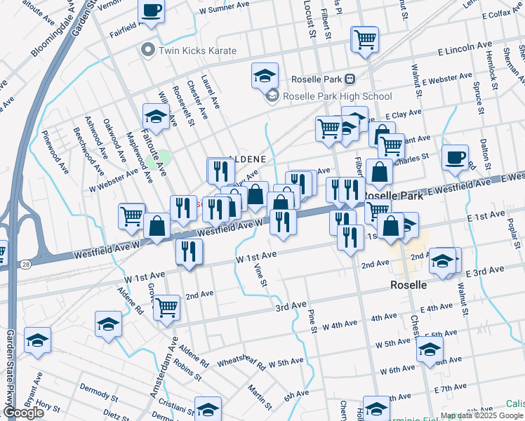 map of restaurants, bars, coffee shops, grocery stores, and more near 231 Westfield Avenue West in Roselle Park