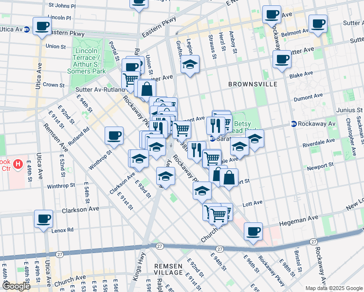 map of restaurants, bars, coffee shops, grocery stores, and more near 268 East 98th Street in Brooklyn