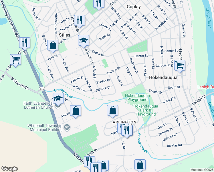 map of restaurants, bars, coffee shops, grocery stores, and more near 3230 Flatrock Drive in Hokendauqua