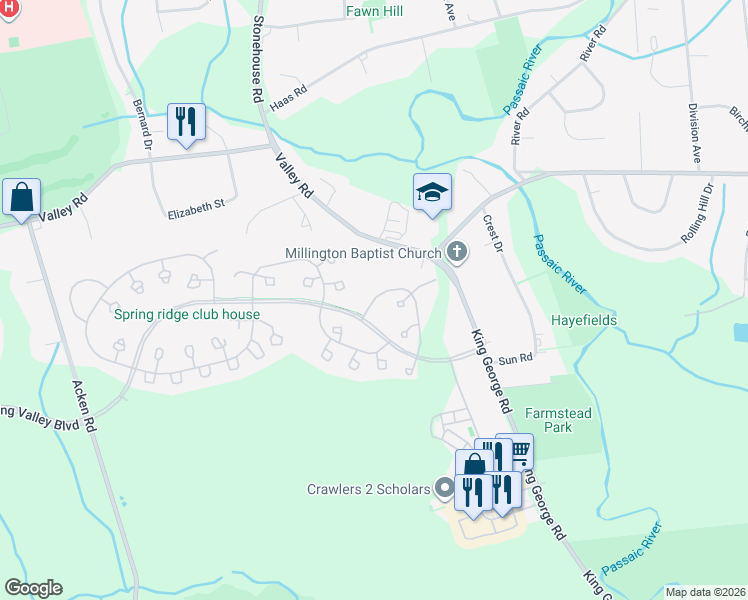 map of restaurants, bars, coffee shops, grocery stores, and more near 72 Commonwealth Drive in Bernards