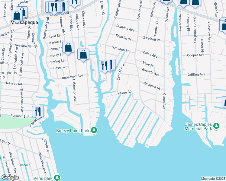 map of restaurants, bars, coffee shops, grocery stores, and more near 62 Shore Road in Amityville