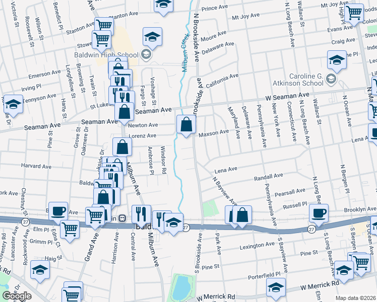 map of restaurants, bars, coffee shops, grocery stores, and more near 9 Mayflower Court in Freeport