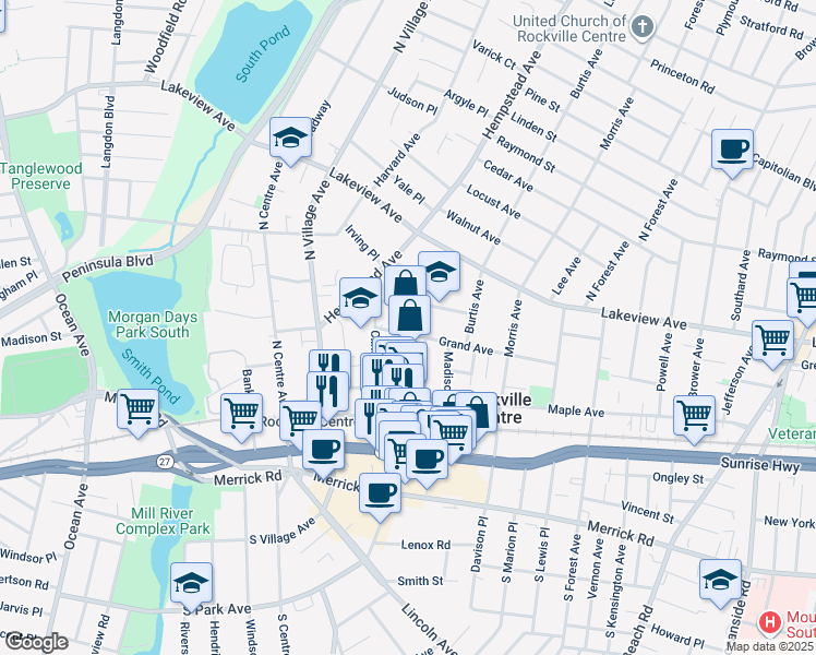 map of restaurants, bars, coffee shops, grocery stores, and more near 41 Saint Marks Avenue in Rockville Centre