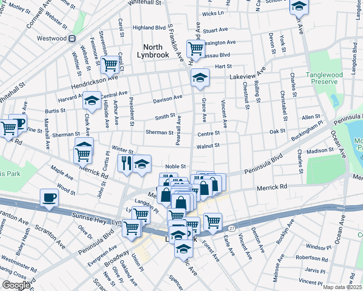 map of restaurants, bars, coffee shops, grocery stores, and more near 142 Walnut Street in Lynbrook
