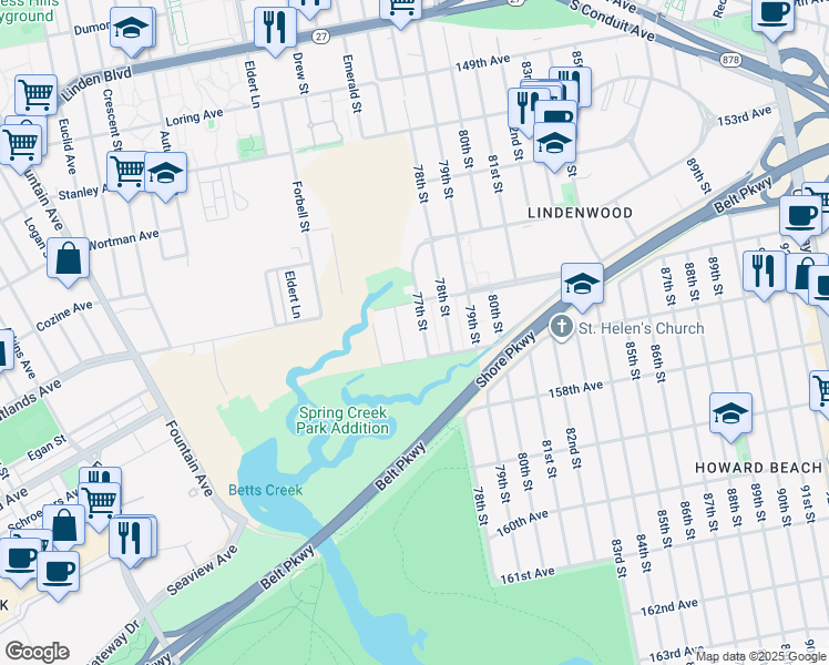 map of restaurants, bars, coffee shops, grocery stores, and more near 156-48 76th Street in Queens