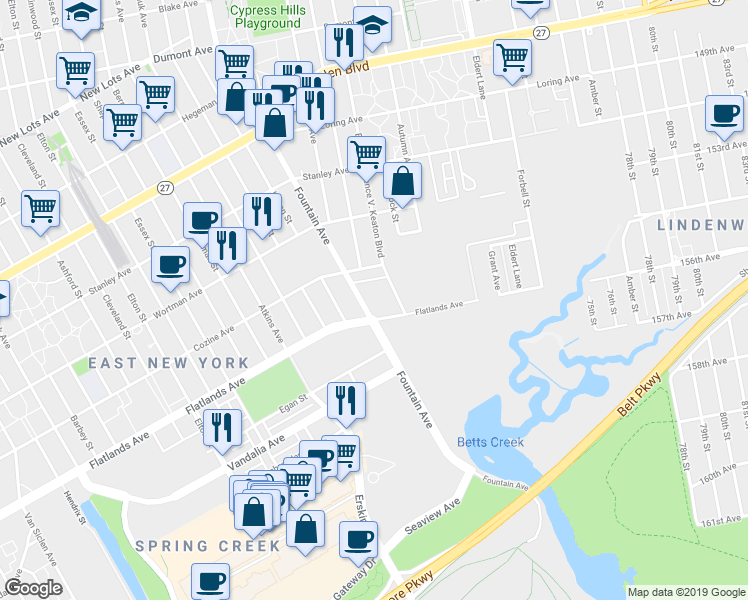 map of restaurants, bars, coffee shops, grocery stores, and more near 800 Fountain Avenue in Brooklyn