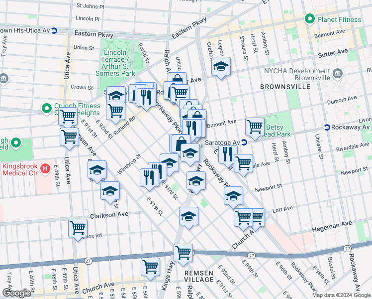 map of restaurants, bars, coffee shops, grocery stores, and more near 9517 Kings Highway in Brooklyn