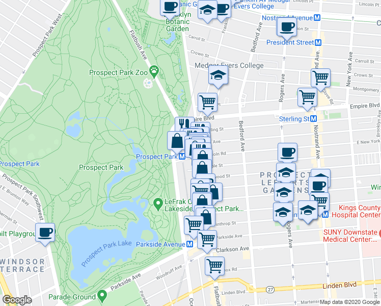 map of restaurants, bars, coffee shops, grocery stores, and more near 115 Ocean Avenue in Brooklyn