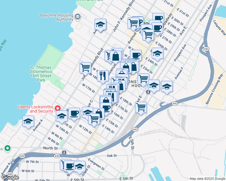 map of restaurants, bars, coffee shops, grocery stores, and more near 20 West 18th Street in Bayonne