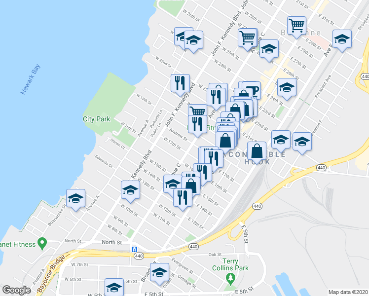 map of restaurants, bars, coffee shops, grocery stores, and more near 392 Avenue C in Bayonne