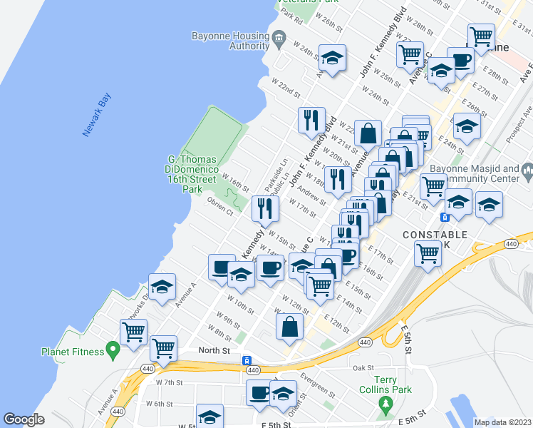 map of restaurants, bars, coffee shops, grocery stores, and more near 97 West 15th Street in Bayonne