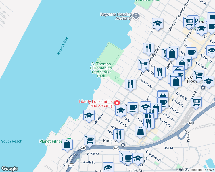 map of restaurants, bars, coffee shops, grocery stores, and more near 31 Edwards Court in Bayonne