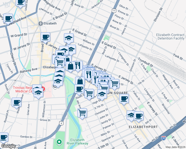 map of restaurants, bars, coffee shops, grocery stores, and more near 943 Elizabeth Avenue in Elizabeth