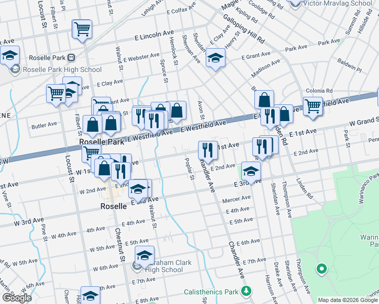 map of restaurants, bars, coffee shops, grocery stores, and more near 114 Chandler Avenue in Roselle