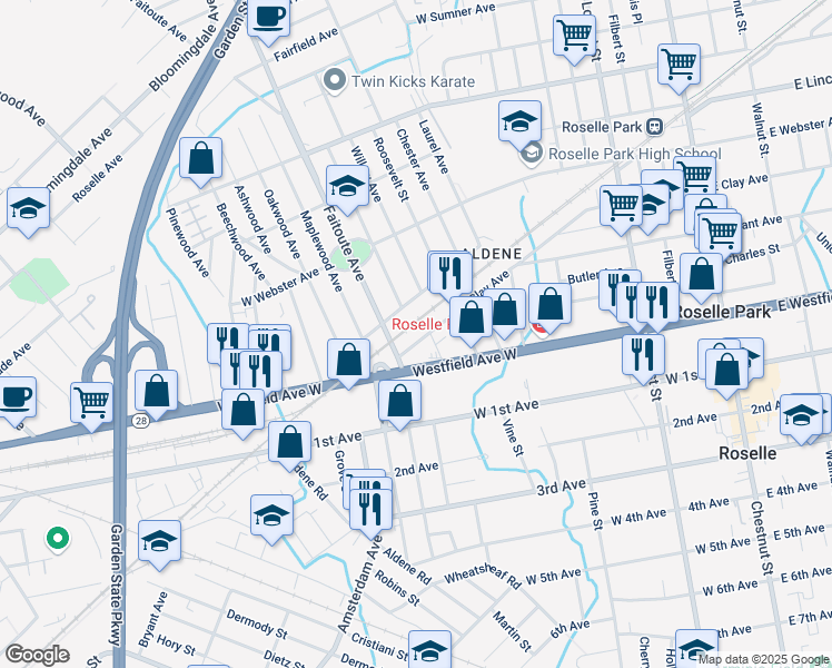 map of restaurants, bars, coffee shops, grocery stores, and more near 345 Westfield Avenue West in Roselle Park