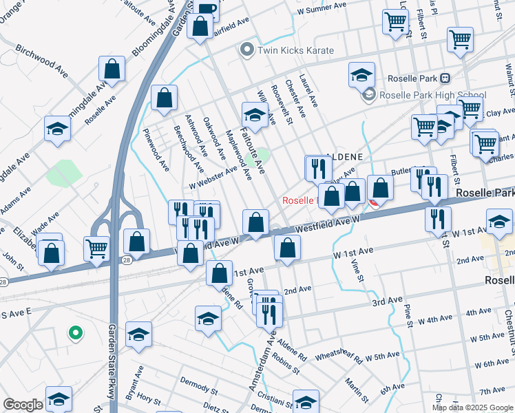 map of restaurants, bars, coffee shops, grocery stores, and more near 436 Seaton Avenue in Roselle Park