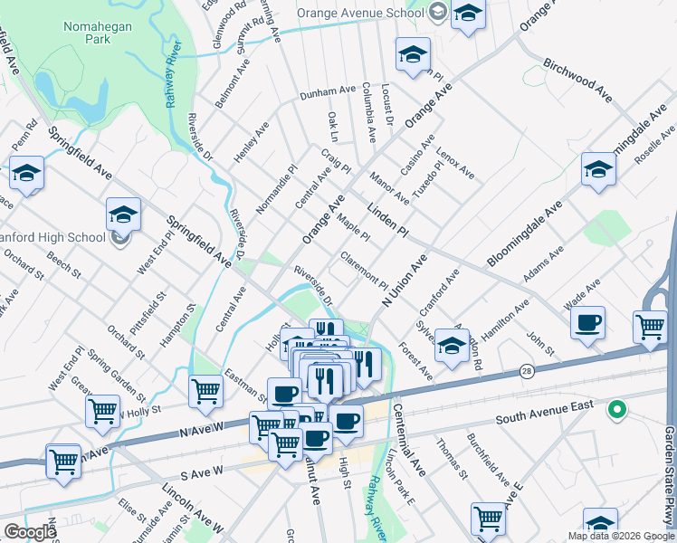 map of restaurants, bars, coffee shops, grocery stores, and more near 217 Prospect Avenue in Cranford