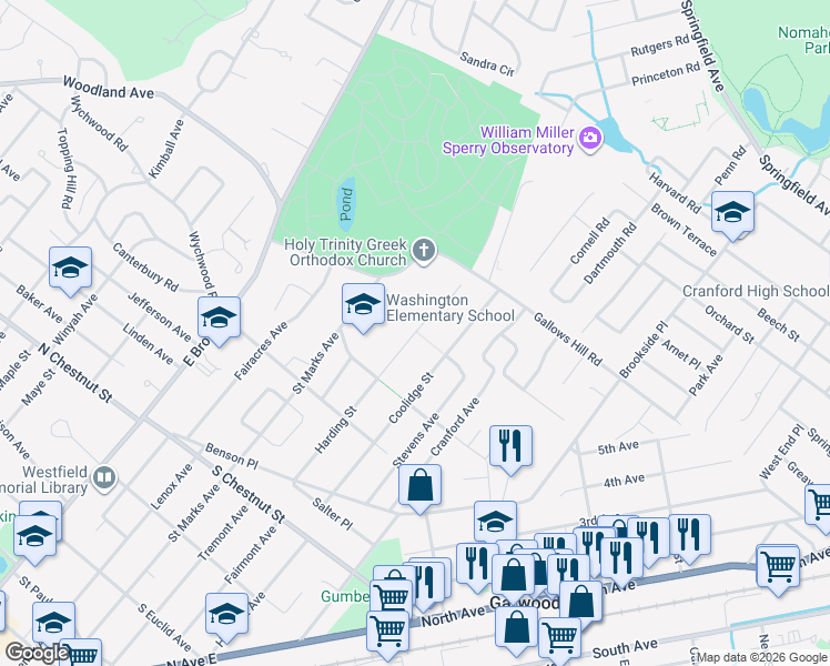 map of restaurants, bars, coffee shops, grocery stores, and more near 941 Coolidge Street in Westfield