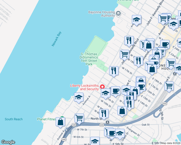 map of restaurants, bars, coffee shops, grocery stores, and more near 31 Edwards Court in Bayonne