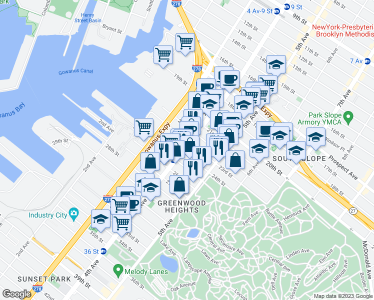 map of restaurants, bars, coffee shops, grocery stores, and more near 727 4th Avenue in Brooklyn