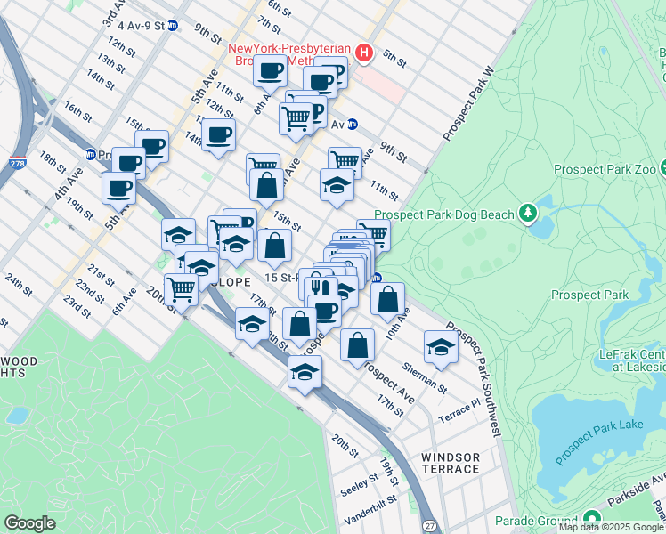 map of restaurants, bars, coffee shops, grocery stores, and more near 107 Windsor Place in Brooklyn