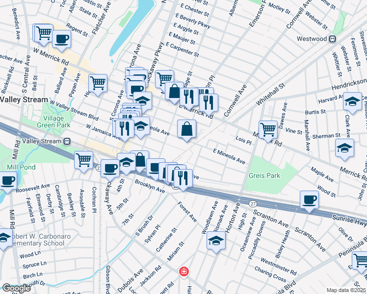 map of restaurants, bars, coffee shops, grocery stores, and more near 100 East Valley Stream Boulevard in Valley Stream