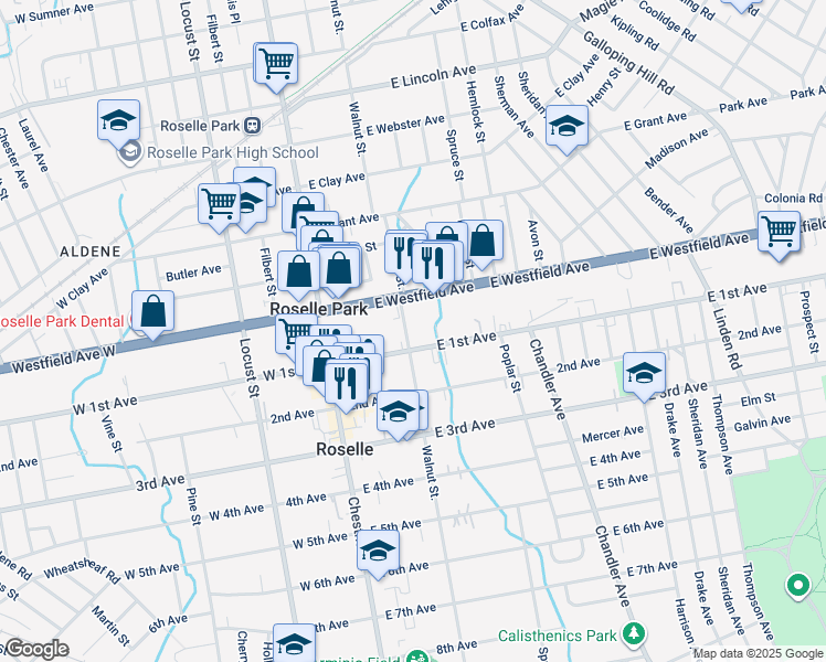 map of restaurants, bars, coffee shops, grocery stores, and more near 160 1st Avenue in Roselle