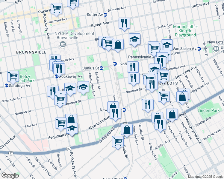 map of restaurants, bars, coffee shops, grocery stores, and more near 568 Junius Street in Brooklyn