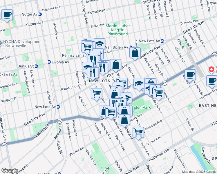 map of restaurants, bars, coffee shops, grocery stores, and more near 701 Granville Payne Avenue in Brooklyn